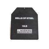 The Bells of Steel USA black 10lb weight plate, made of durable steel, features "BELLS OF STEEL" on top and "10LB" below. A warning states: "WARNING NOT FOR USE AS BODY ARMOR." Ideal as ruck plates, it has a single top hole. Product: Plates for Weight Vest.