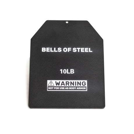 The Bells of Steel USA black 10lb weight plate, made of durable steel, features "BELLS OF STEEL" on top and "10LB" below. A warning states: "WARNING NOT FOR USE AS BODY ARMOR." Ideal as ruck plates, it has a single top hole. Product: Plates for Weight Vest.