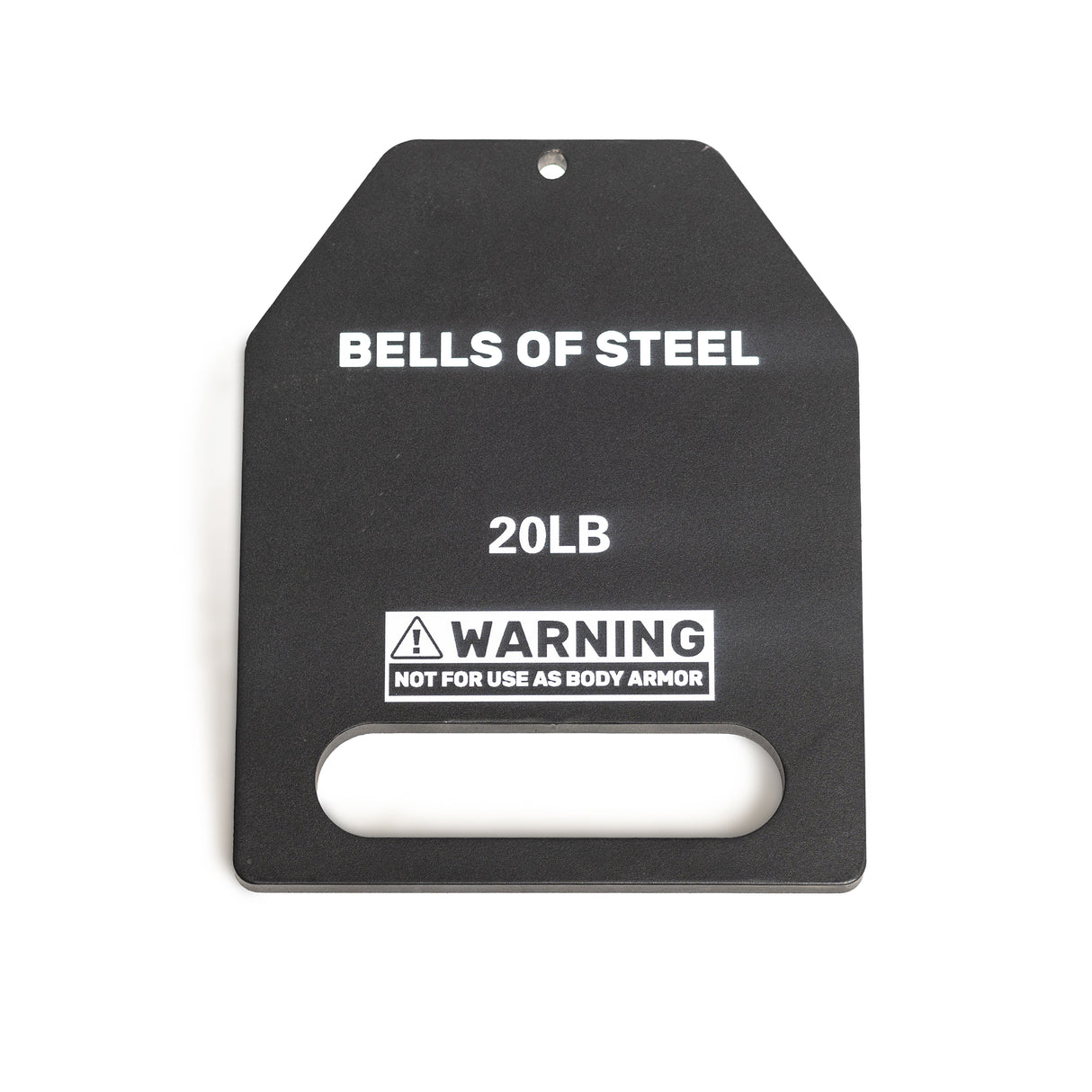 A durable, black steel weight plate by Bells of Steel USA, labeled "20LB," features a bottom cut-out handle and a warning label: "Not for use as body armor." Ideal as a dependable ruck plate for workouts.