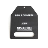 A durable, black steel weight plate by Bells of Steel USA, labeled "20LB," features a bottom cut-out handle and a warning label: "Not for use as body armor." Ideal as a dependable ruck plate for workouts.