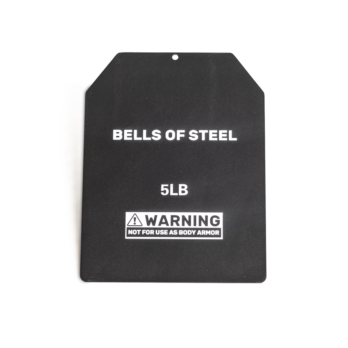 A rectangular black metal plate labeled "Bells of Steel USA: Plates for Weight Vest" in bold white text warns, "NOT FOR USE AS BODY ARMOR." Made from durable steel, it features angled top corners and a small hole near the edge, ideal for ruck plates or weighted vests.