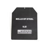 A rectangular black metal plate labeled "Bells of Steel USA: Plates for Weight Vest" in bold white text warns, "NOT FOR USE AS BODY ARMOR." Made from durable steel, it features angled top corners and a small hole near the edge, ideal for ruck plates or weighted vests.