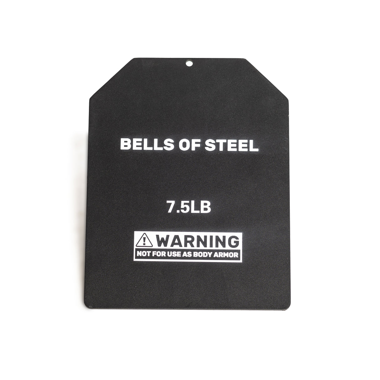 A black rectangular 7.5LB ruck plate from Bells of Steel USA has angled top corners, is made from durable steel, and includes a warning: "NOT FOR USE AS BODY ARMOR.