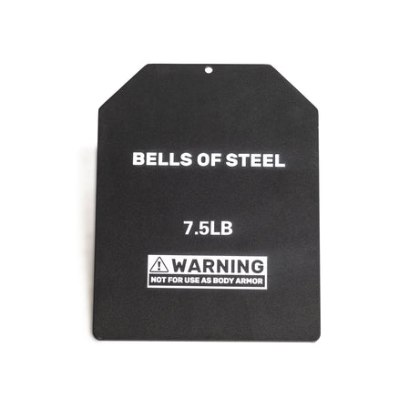 The Bells of Steel USA product, Weighted Vest and Plates, includes a black steel rectangular plate with a beveled top edge inscribed: "BELLS OF STEEL 7.5LB." It also has a "WARNING NOT FOR USE AS BODY ARMOR" label, perfect for enhancing weighted vest systems.